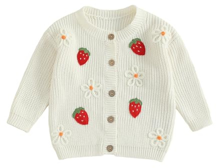 Fall Winter Toddler Baby Girl Cute Knit Sweater Long Sleeve Crew Neck Strawberry Flower Embroidery Button Cardigan Knitwear Warm Kids Clothes (White, 3-6 Months)