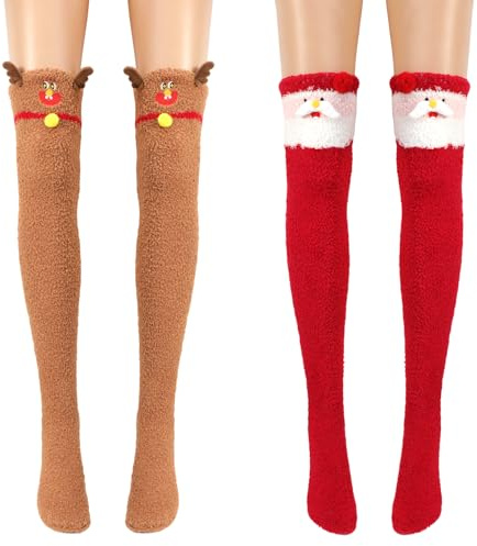 QKURT 2 Coppie Calze Overknee, Morbidi e Caldi Calze Lunghe di Natale Donna Ragazza, Calzini Sopra il Ginocchio in Pile Corallo, 73 cm