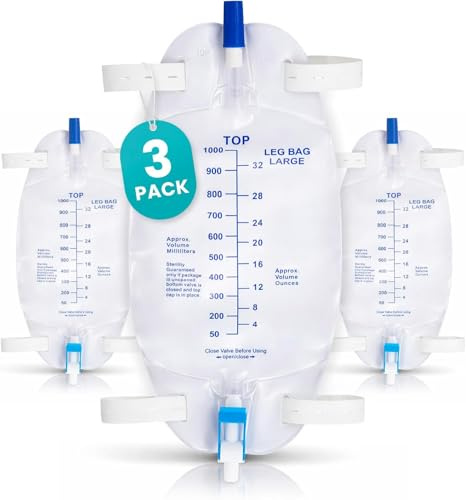 Vive Foley Catheter Leg Bags (3 Pack) - Urinary Drainage Bags, 1000mL, Anti-Reflux Valve - w/Cloth Straps, Easy Flip Drain - Fits Most Catheters - Urine Holder for Men & Women - Easy Tap 18 Tube