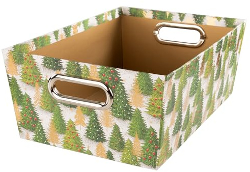 Idena 31493 - Aufbewahrungsbox aus festem Karton, Aufbewahrungskorb mit Metallgriffen, Box mit Weihnachtsbaum-Motiv ca. 33 x 22,9 x 12,7 cm