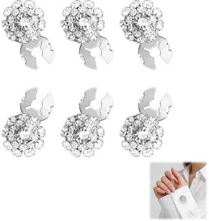 6 Pack Crystal Rhinestone Button Covers, Clip on Silver Base for Women Shirts, Shiny Decorative Button Caps, No Sew for DIY Clothing (Silver)