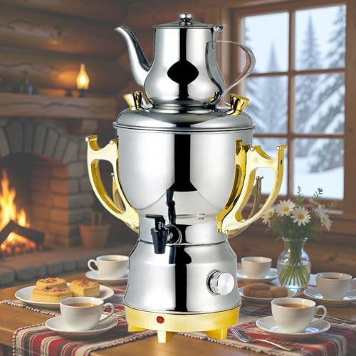 Hervidor ruso de acero inoxidable, samovar eléctrico persa turco árabe con tetera de 2 capas, con protección antiquemaduras en seco y protección contra sobrecalentamiento, para café, té