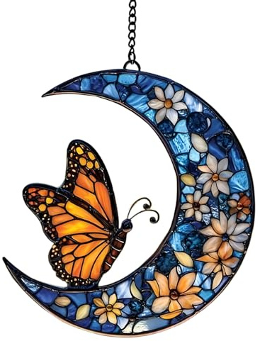 Acchiappasole a forma di luna e fiori, in acrilico, decorazione per finestre, monarca, farfalla, luna, accessorio artistico da appendere per la casa e il giardino, cattura sole riflettente la luce per