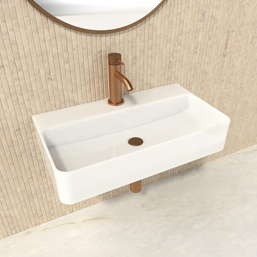 HOGART lavabo baño 54x30 cm con seno a la derecha, lavabo de cerámica blanco rectangular, lavabo suspendido pared o sobre encimera, con orificio para grifo, sin rebosadero, ideal baño moderno