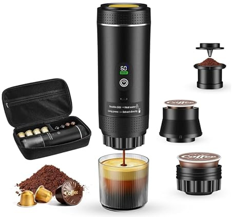 Macchina caffè portatile 3-in-1 20 bar, batteria 7500mAh USB-C, estrazione calda/fredda display, capsule e caffè macinato, nero