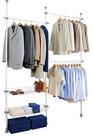 WENKO Teleskop-System Herkules Duo, individuell verstellbares Ordnungssystem mit 3 Kleiderstangen und 2 Ablagekörben, für den begehbaren Kleiderschrank, 164-215 x 165-300 x 38 cm, aus Metall in Weiß