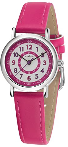 Atrium Kinderuhr Mädchen Analog Quarz 5 bar 28 mm – Lernuhr mit 12/24 Stunden Anzeige – Armbanduhr Kinder Pink – Metallgehäuse & weiches Lederimitat Band – Geschenk für Schule & Geburtstag A31-101