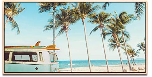 Vintage Auto auf einem tropischem Strand ca. 130x70cm Wandbild inklusive Schattenfugenrahmen naturfarbend - Panorama Leinwand Bild XXL Format Wandbilder Wohnzimmer Wohnung Deko Kunstdrucke