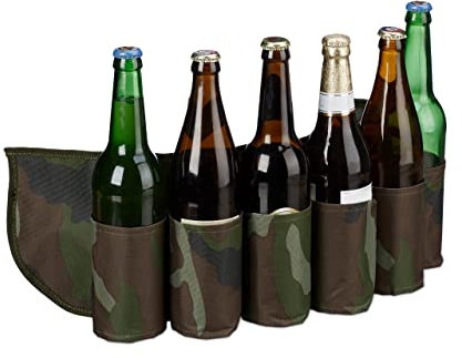Relaxdays Biergürtel Sixpack, für 6 Dosen & Flaschen, 0,2-0,5 l, Bierhalter Gürtel Camouflage, verstellbar, grün/braun, H x B x T: ca. 16,5 x 61 x 0,5 cm