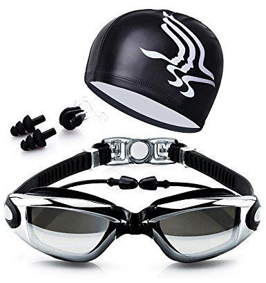 Ajustable Ensemble de Lunettes de Natation & Casquette, Aucune Fuite Anti Brouillard Protection UV de Triathlon avec Pince-Nez Bouchons d'oreilles Coque pour Adulte Homme Femme Youth (Noir)