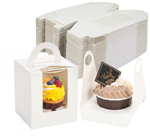 Jucoan 100 Pack White Single Cupcake Boxes, Kraft Paper Individual Cupcake Container with Window Insert Handle, Portable Bakery Containers for Small Cake, Muffins, Birthday Wedding Party