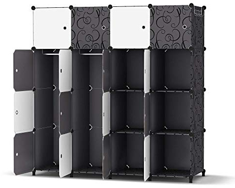 HOMIDEC Kleiderschrank, Tragbarer Regalsystem, 16 Würfel Schrank aus Kunststoff mit 3 Kleiderstange, Schlafzimmerschrank kleiderschrank Weiss für Schlafzimmer, 146 x 142 x 46cm