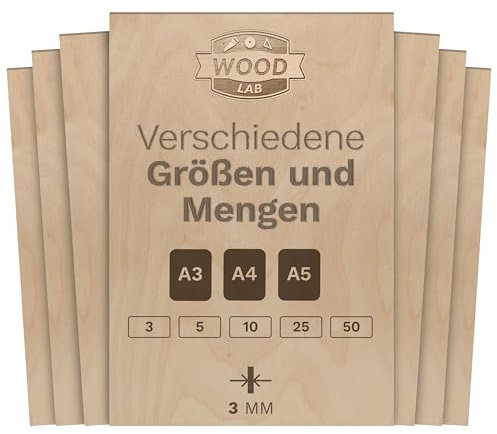 WoodLab Lot de 30 panneaux en bois contreplaqué bouleau | 3 mm (± 0,5 mm) 42 x 29,7 cm A3 | Planches en bois brut pour bricolage, pyrogravure, gravure, CNC 30)…