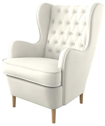 Furninero - Poltrona a orecchioni, Stile Chesterfield, Trapuntato a Rombi con Bottoni Profondi, Gambe arrotondate in Rovere, Majestic Velvet Creme Tessuto, Easy-Clean (Facili da Pulire), Ecru