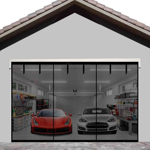Magnetic Garage Door Screen 16x10ft for 2 3 Car Doors Durable Fiberglass Heavy Duty Mesh Magnetic Net, Pets Friendly Retractable Carport Garage Patio Porch RV Doors Curtain (Black, 16x10ft)
