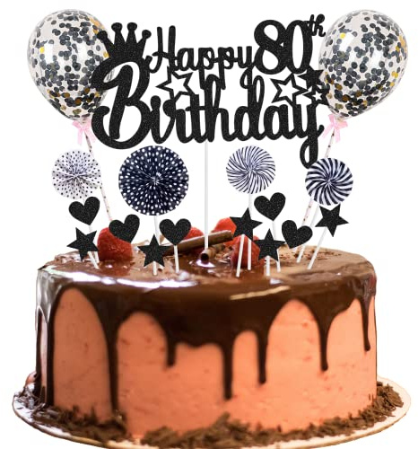 Happy 80th Birthday Cake Topper for Man and Woman, 16 Glitter Toppers