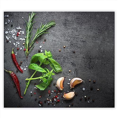 SMTDeco Herdabdeckplatte 60×52 cm – Mehr Arbeitsfläche, Spritzschutz & Schneidebrett – ESG Glas, kratzfest – für Induktion/Ceranfeld – 1-teilig, Motiv Kräuter Grau