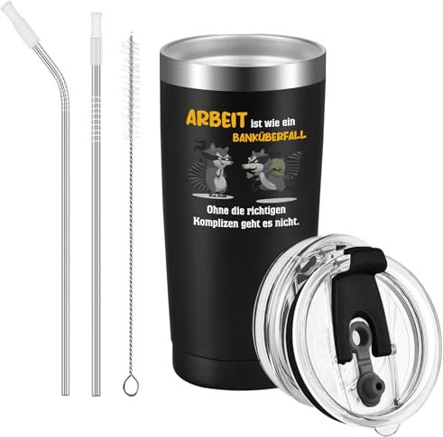 Livole Abschiedsgeschenk Kollegen Jobwechsel, Kleine Geschenke Kollegen Kollegin Weihnachten, Tasse mit Spruch - Arbeit ist wie ein Banküberfall - 600ml Doppelwandig Kaffeebecher to go Thermo, Schwarz