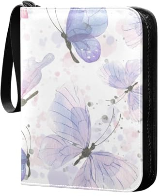 Pink-lilac-butterflies 4 Pockets Trading Card Album Folder for Cards PU Waterproof Wear-resistant Cover Zip Card Binder Fits 400 Cards,Card Collector Holder for Collectible Boys Girls Game Sports Card