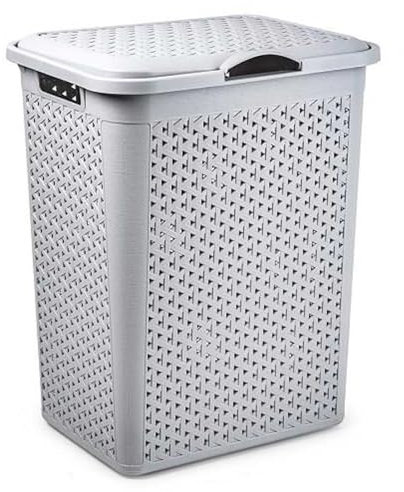 Tradineur - Cesto para Ropa Sucia con Tapa y Asas, pongotodo de plástico, Cubo para Colada, imitación de Mimbre, Fabricado en España (Gris Claro - 38 litros - 49 x 38,5 x 29,5 cm)