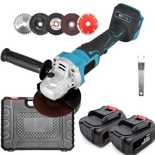 Smerigliatrice Angolare Brushless con Doppia Batteria 100 mm 4Ah, Senza Fili con Alimentatore, 11000RPM, 11 Dischi e 1 Lama da Taglio, Nero Blu, Valigetta