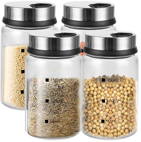 GBACHOOSE 4 tarros de especias con tapa giratoria, salero de 150 ml, salero y pimentero, tarros de especias con agujeros para especias, vidrio de borosilicato para cocina, barbacoa al aire libre, arte
