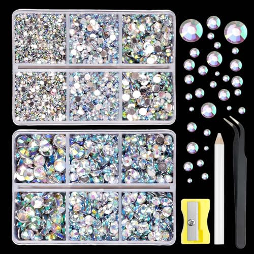 Hopton Strasssteine, Glitzersteine, Kristall Strasssteine für Textilien, Rhinestones mit Wachsstift, Spitzer, Pinzette, Glitzersteine Zum Basteln für Make-Up, Schmuckherstellung, Nägel (AB Kristall)