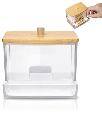 Huamirra Wattestäbchen Behälter, Acryl Wattestäbchen Aufbewahrung, Tragbare Wattestäbchen Halter, Transparente Aufbewahrung Von Wattepads, mit Holzdeckel, für Wohnzimmer Schlafzimmer Badezimmer