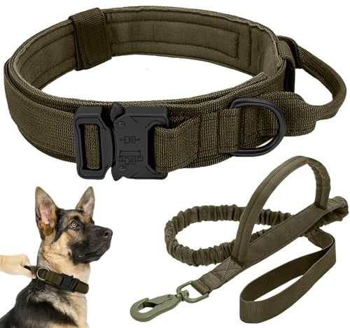 Taktisches Hundehalsband-Leinen-Set, verstellbar, Militär-Training, Nylon, Hundetraining Zubehör mit Kontrollgriff und Metallschnalle, Hundehalsband Halskette für mittelgroße und große Hunde (Grün, L)