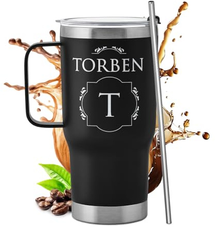 Maverton Schwarzer 600 ml Trinkbecher mit Deckel und Strohhalm - Edelstahl Kaffeebecher to go 100% dicht - Geschenke für Männer zum Geburtstag - personalisierte Geschenke