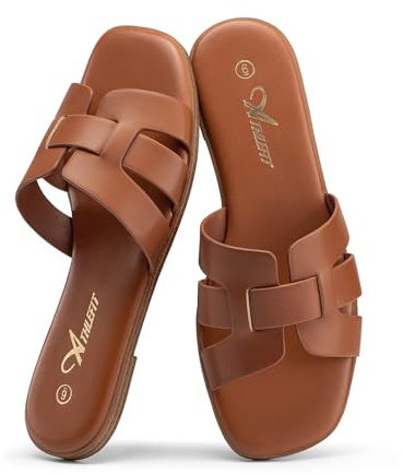 Athlefit Womens Flat Sandals Dressy Slip On Summer Slide Sandals Brown 8