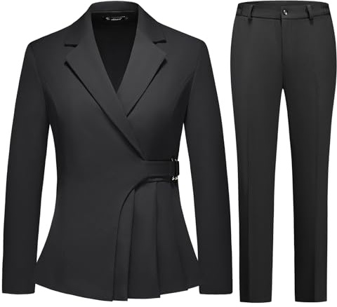 TRONSTORE Women's Pants Suit Solid Jacket 2 Piece Set Irregular Blazer Suit Business Casual Black M