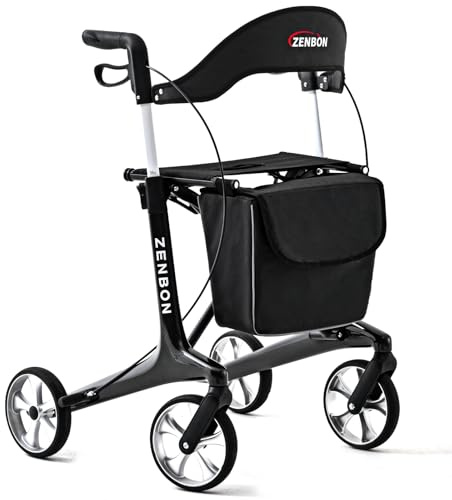 Deambulatore Stretto Carbonio 5,5 kg: Rollator 4 Ruote Pieghevole e Leggero con Sedile Deambulatore per Anziani - Rollator per Interni Pieghevoli Leggeri per Viaggi nel Bagagliaio e in Aereo (Nero)