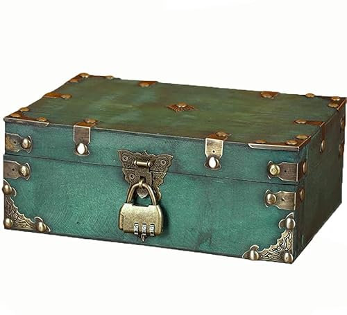 ACTIUSIS Baule del tesoro in legno vintage, 24 x 17 x 10 cm, rustico, contenitore in legno, serratura a combinazione, scrigno del tesoro per bambini, scatola di legno, verde scuro