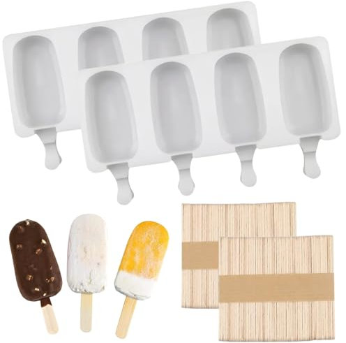 Molde Helado Silicona,2 piezas Molde Helado Con100 Palos Madera,Moldes Paletas Chocolate,Molde Barra Helado,para Helados DIY Niños, para Chocolate Postre congelado