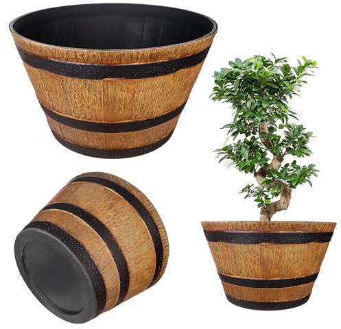 KADAX Växtkruka i träfatsdesign, Ø 52,5 cm, i väderbeständig plast, för trädgård, terrass och balkong, dekorativ blomkruka, ljusbrun/svart, damm med vattenhink