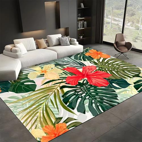Luyemci Tropical Plant Floral Indoor Carpets, 120x180cm, Green Palm Leaf Monstera Floor Rugs, Low Pile Easy Clean Large Rug, Shed Resistant Pet Friendly High Traffic Carpet for Dining Room Hallway