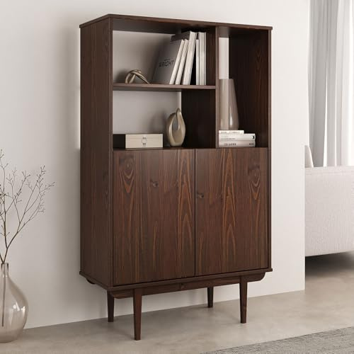 IDIMEX Highboard Simona mit offenem Regal aus Massivholz Nussbaum Farben – Wohnzimmer Kommode mit 3 offenen Fächern und 2 Türen – Bücherregal mit Türen – Retro Holzschrank