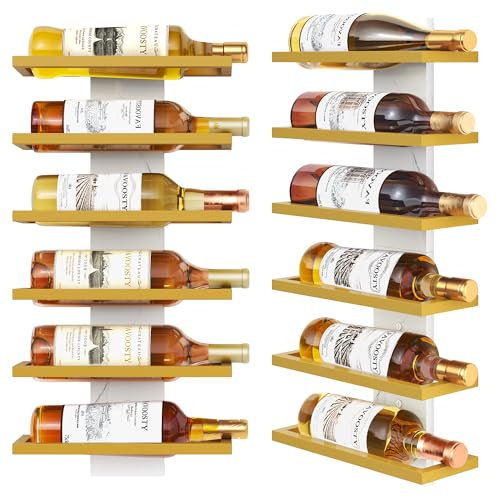FAVOOSTY Wine Rack Wall Mounted, 6 Tier Metal Wine Display Rack, Wine Rack Storage Holder Display Rack for Kitchen, Dining Room, Bar, Wine Cellar, Gold