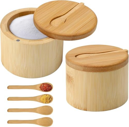 ZMDMAH 2 Salero para Cocina Bambú, Wood Salt Cellar Bowl Box, Recipiente para Sal de Cocina, Wooden Salt Box, con Tapa Giratoria & Cuchara, para Sal, Especias (9 x 9 x 7 cm)