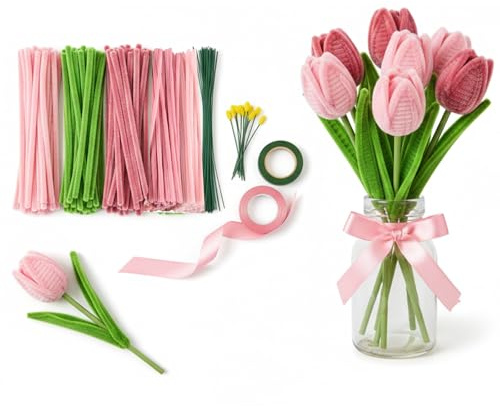 Pfeifenreiniger Blumen Set, 400 Stück Pfeifenputzer zum Basteln, Pfeifenreiniger zum Basteln，Chenille-Stiele für DIY-Blumenherstellungsset mit Blumendrähten, Gartenband, Staubgefäßen und Band