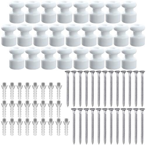 OASHISU 25 x Isolateurs en Porcelaine pour Câble Tressé Textile, Blanc | pour installation électrique vintage, Support Isolant pour Câble Tressé, Isolateurs en Céramiques Vintage Ø 18 mm, brillant