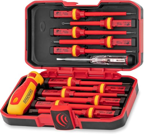 Effektwerk - Juego de destornilladores para electricistas de 13 piezas - 4 planos, 3 Torx, 2 PoziDriv, 2 Phillips con comprobador de tensión - Aislamiento de 1000 V y prueba VDE con puntas magnéticas