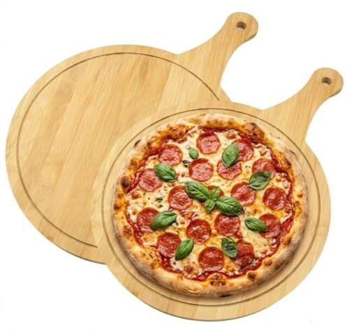 Zbozzba 2 stycken pizzatallrikar, 30 cm pizzabräda rund skärbräda med handtag, tallrik med spår, pizza träbräda, för hackning och servering av korv, bröd, ost, pizza