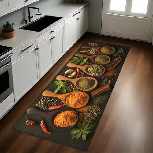 Küchenthema Flur Läufer Teppich Holzlöffel und Gewürze 60 x 120 cm rutschfest Waschbar Küchenläufer Schmutzabweisend Saugfähig Modern Pflegeleicht für Küche und Wohnraum