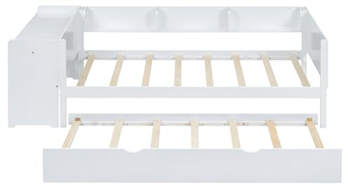 Hmdpoo Cama Infantil 90x200cm con Cama Nido Extraíble, Escritorio Integrado, Tres Estantes Laterales, Madera de Pino y MDF, Color Blanco, 241.9x112x73cm