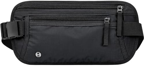 RFID Blocking Money Belt for Travel Hidden Men Women - Ultra-Slim Hidden Waist Pack & Bum Bag, Waterproof Fanny Pack Money Bags for Passport, Cash, Phone & Cards (Black)