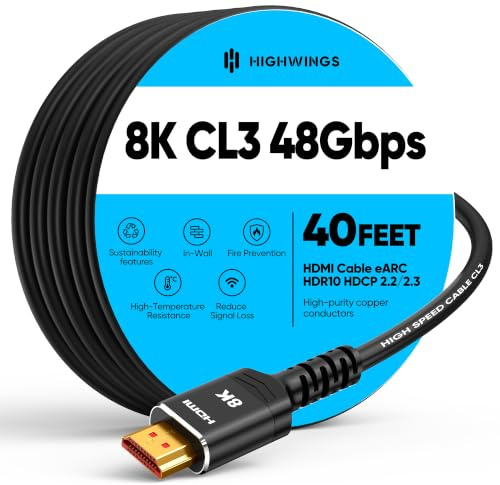 Highwings 10K 8K Long HDMI Cable 12M/40FT, CL3 Rated HDMI, Ultra High Speed | In-Wall CL3 Rated, 8K@60Hz 4K@120Hz Video, 48Gbps, HDMI Lead eARC HDR10 HDCP 2.2/2.3, Compatible Laptop/PC/HDTV/Projectors