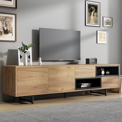 Mueble de TV, mueble bajo para TV, múltiples funciones de almacenamiento, tablero de partículas de color madera, espacio de almacenamiento abierto con compartimentos de escalera, puede contener hasta
