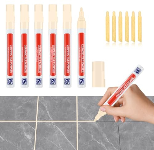 6 Pieza Rotulador Juntas Azulejos Beige con Cabezal de Repuesto Impermeable | Lechada Tile Grout Pen Barra Pared Bolígrafo Mortero Lápiz Restauración para Restaurar Lechada Pared Piso Suelo Baños Cocina